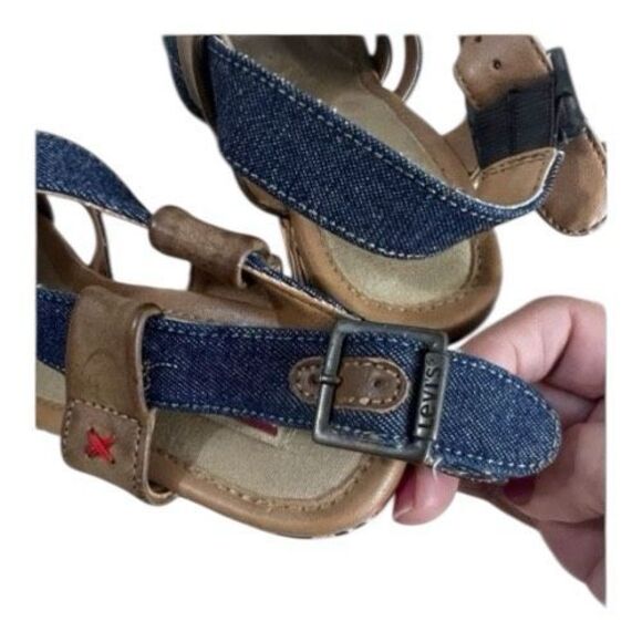 Levi’s Heels Women Size 8 Slingback Platform Blue Canvas Wedge Bohemian Open Toe - Picture 8 of 13